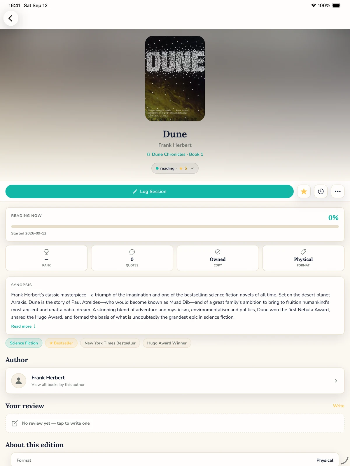 Bookliz Dune book details on iPad showing synopsis, author, rating and reading progress