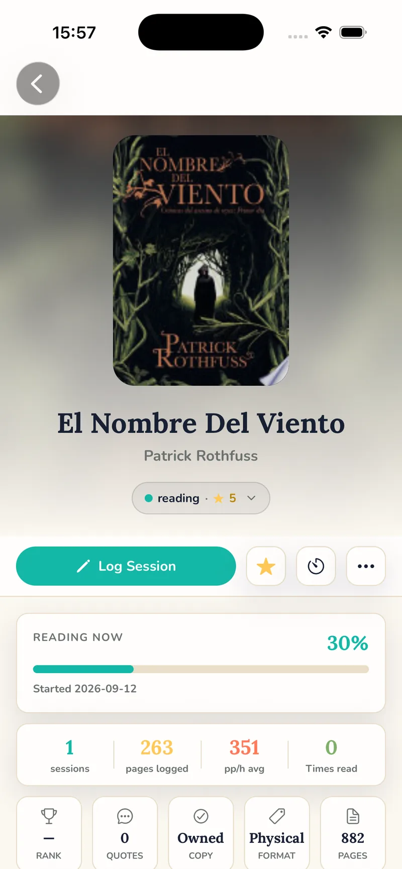 Bookliz book details with reading progress and saved quotes