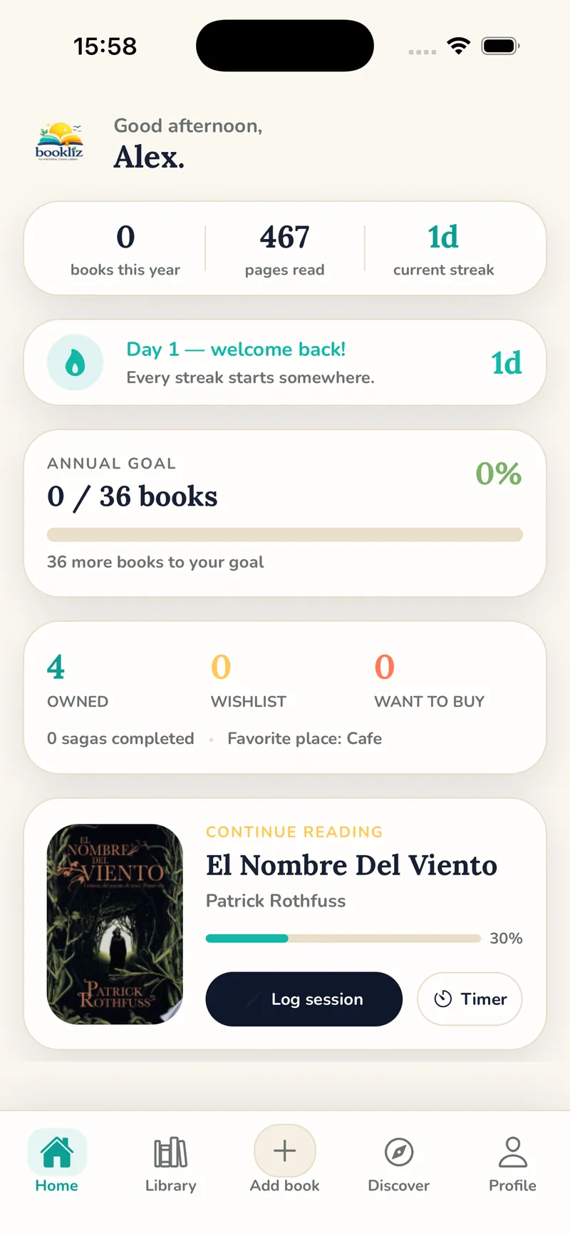 Bookliz home screen showing reading streak, annual goal and the book in progress