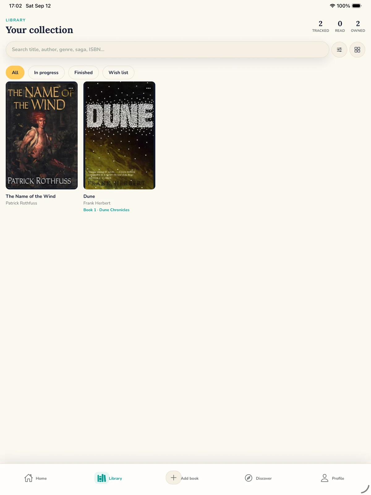 Bookliz iPad library in cover grid view with search and reading status filters
