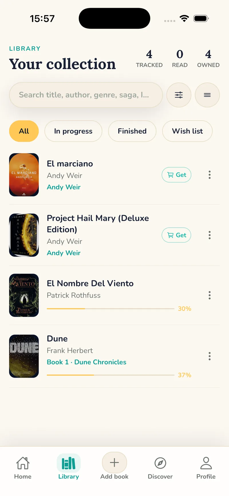 Bookliz library showing book covers and reading progress