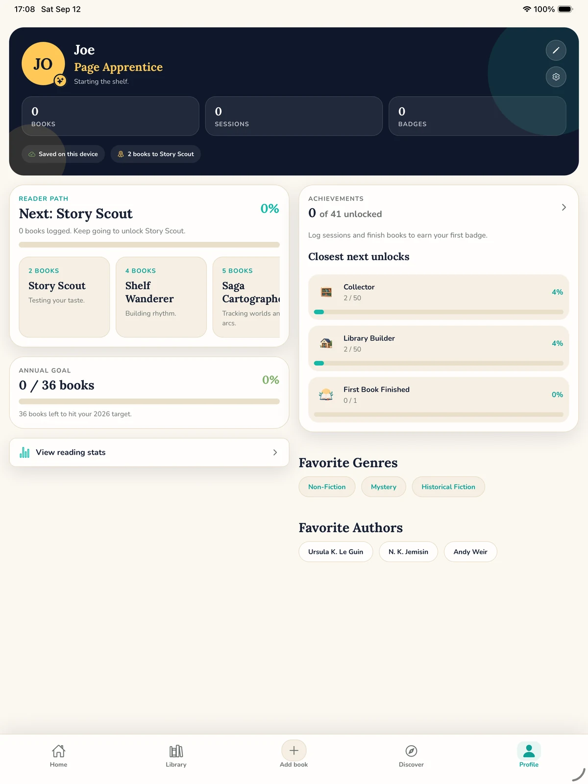 Bookliz reader profile on iPad with annual goal, achievements and favorite authors